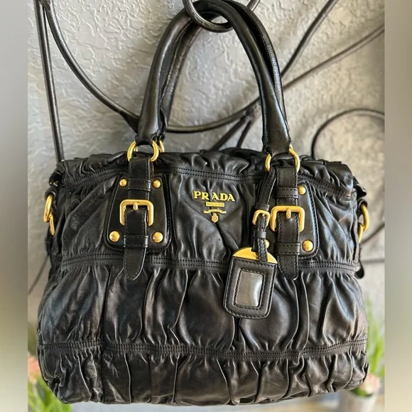 PRADA Ruched Gaufre Leather Top Handle Bag Crossbody Handbag Buttery Soft - Picture 11 of 17